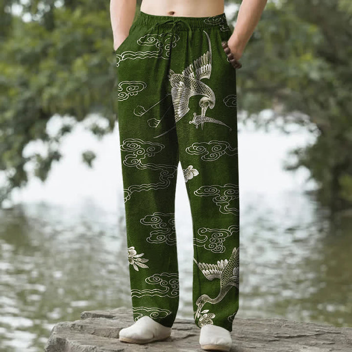 Buddha Stones Weiße Baumwollhose für Herren mit Kranich- und Wolkenmuster, schmal zulaufend und mit Taschen - Dunkelolivgrün - US/ UK/AU50, EU60 (5XL) - image 6
