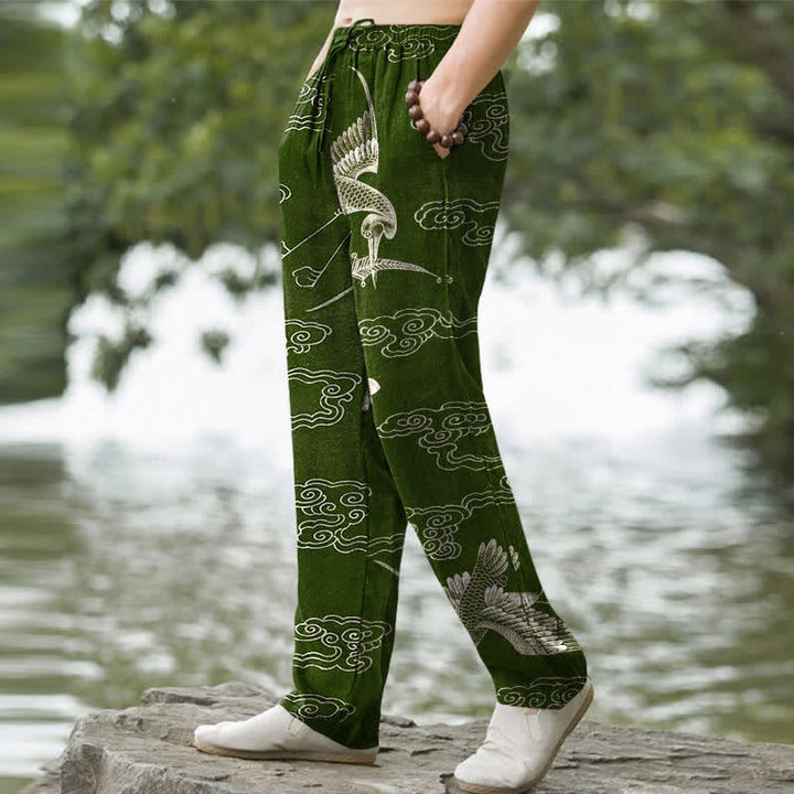 Buddha Stones Weiße Baumwollhose für Herren mit Kranich- und Wolkenmuster, schmal zulaufend und mit Taschen - image 7