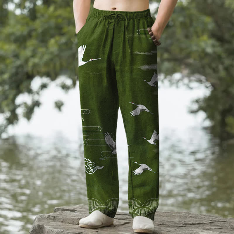 Buddha Stones Weiße, schmal zulaufende Herrenhose aus Baumwolle mit Kranich-Wellenmuster und Taschen - Waldgrün - US/ UK/AU50, EU60 (5XL) - image 4