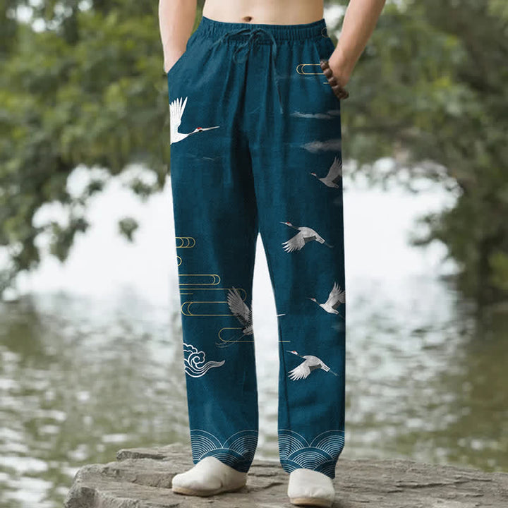 Buddha Stones Weiße, schmal zulaufende Herrenhose aus Baumwolle mit Kranich-Wellenmuster und Taschen - Türkis - US/ UK/AU50, EU60 (5XL) - image 6