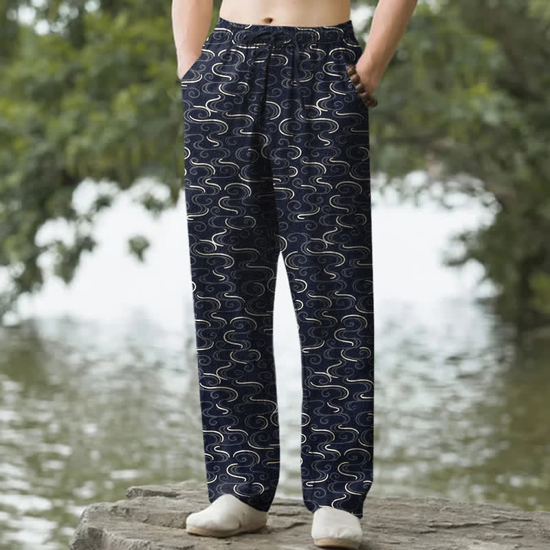 Buddha Stones Weiße, schmal zulaufende Herrenhose aus Baumwolle mit Wellenmuster und Taschen - Marine - US/ UK/AU50, EU60 (5XL) - image 0