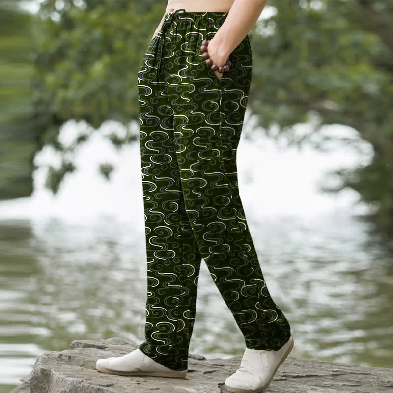 Buddha Stones Weiße, schmal zulaufende Herrenhose aus Baumwolle mit Wellenmuster und Taschen - image 5