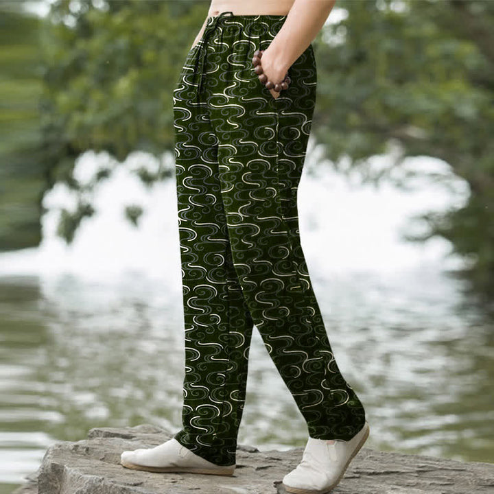 Buddha Stones Weiße, schmal zulaufende Herrenhose aus Baumwolle mit Wellenmuster und Taschen - image 5