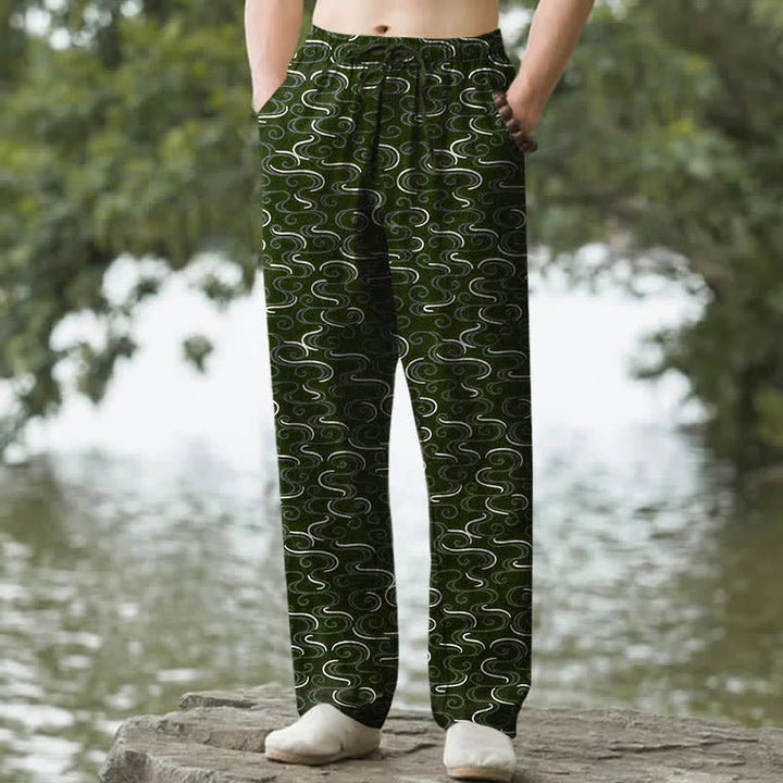 Buddha Stones Weiße, schmal zulaufende Herrenhose aus Baumwolle mit Wellenmuster und Taschen - Dunkelolivgrün - US/ UK/AU50, EU60 (5XL) - image 4