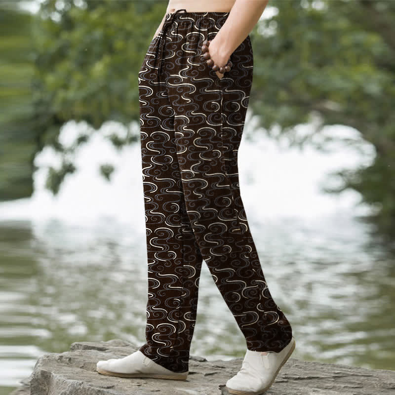 Buddha Stones Weiße, schmal zulaufende Herrenhose aus Baumwolle mit Wellenmuster und Taschen - image 7