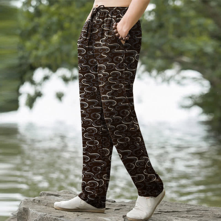 Buddha Stones Weiße, schmal zulaufende Herrenhose aus Baumwolle mit Wellenmuster und Taschen - image 7