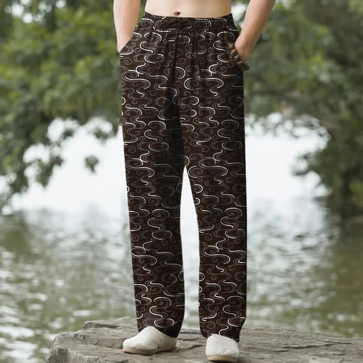 Buddha Stones Weiße, schmal zulaufende Herrenhose aus Baumwolle mit Wellenmuster und Taschen - Sattelbraun - US/ UK/AU50, EU60 (5XL) - image 6
