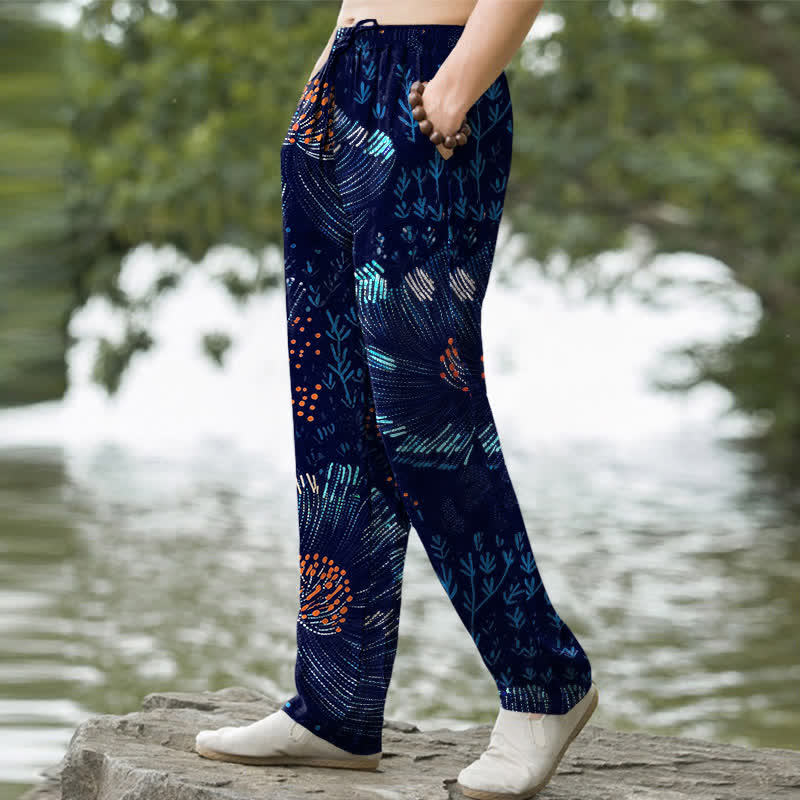 Buddha Stones Herren-Baumwollhose mit floralem Muster, schmal zulaufendem Schnitt und Taschen - image 1