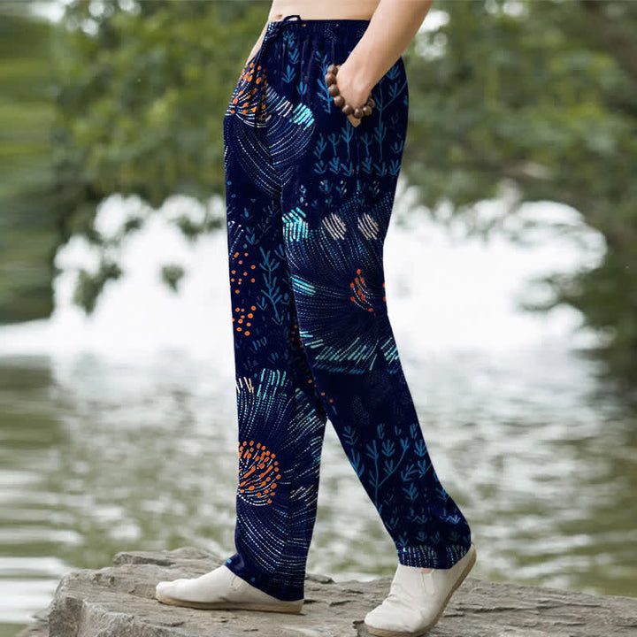 Buddha Stones Herren-Baumwollhose mit floralem Muster, schmal zulaufendem Schnitt und Taschen - image 1