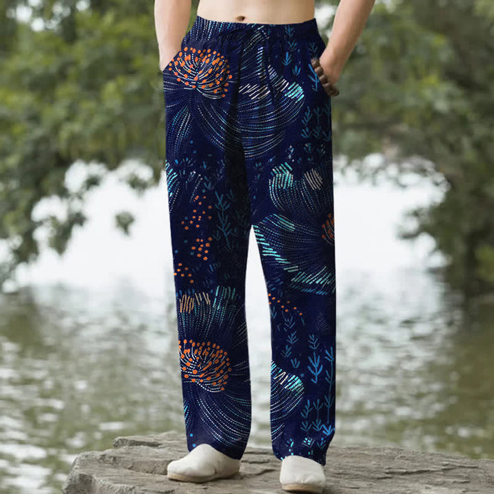 Buddha Stones Herren-Baumwollhose mit floralem Muster, schmal zulaufendem Schnitt und Taschen - Marine - US/UK/AU50, EU60 (5XL) - image 0