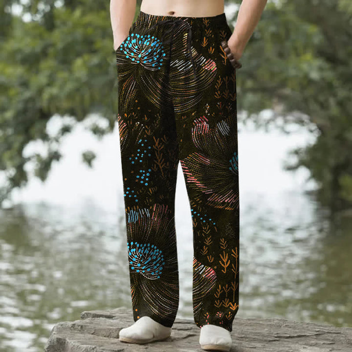 Buddha Stones Herren-Baumwollhose mit floralem Muster, schmal zulaufendem Schnitt und Taschen - Schwarz - US/UK/AU50, EU60 (5XL) - image 4