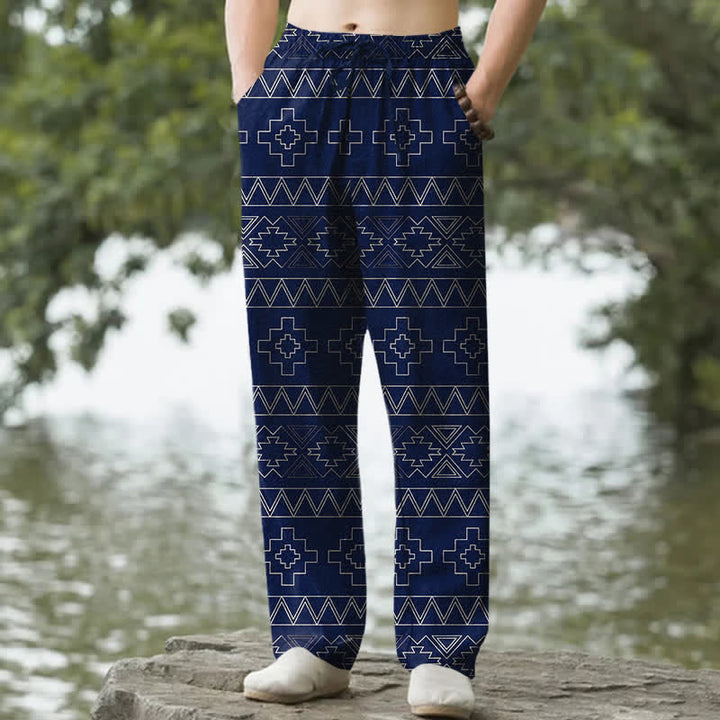 Buddha Stones Baumwollhose für Herren mit weißem, geometrischem Ethno-Muster, schmal zulaufendem Schnitt und Taschen - Marine - US/ UK/AU50, EU60 (5XL) - image 4
