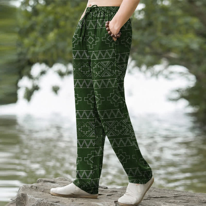 Buddha Stones Baumwollhose für Herren mit weißem, geometrischem Ethno-Muster, schmal zulaufendem Schnitt und Taschen - image 7