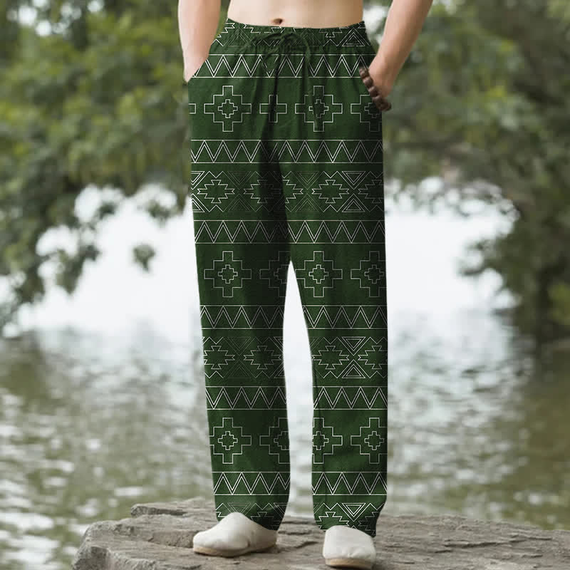 Buddha Stones Baumwollhose für Herren mit weißem, geometrischem Ethno-Muster, schmal zulaufendem Schnitt und Taschen - Waldgrün - US/ UK/AU50, EU60 (5XL) - image 6