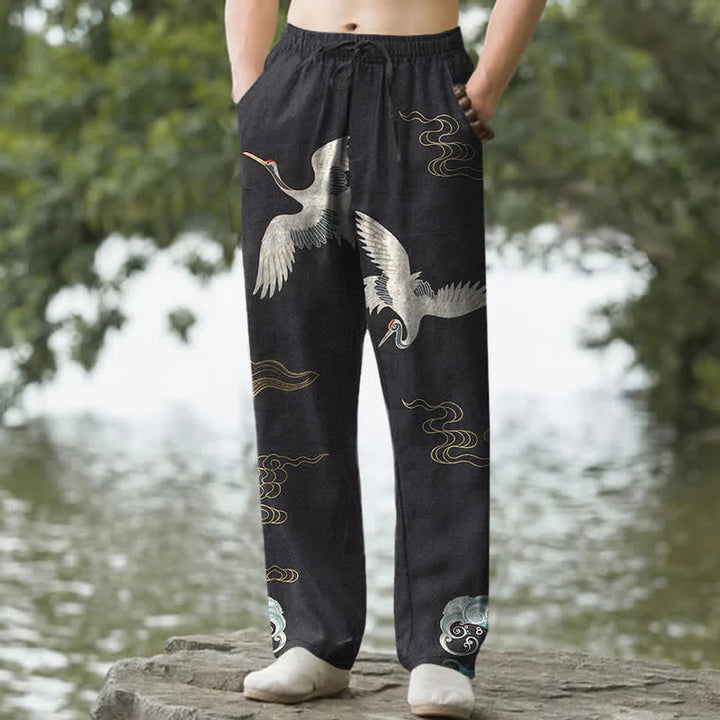 Buddha Stones Herrenhose aus Baumwolle mit Kranich-, Wolken- und Wellenmuster, schmal zulaufend und mit Taschen - Schwarz - US/ UK/AU50, EU60 (5XL) - image 0
