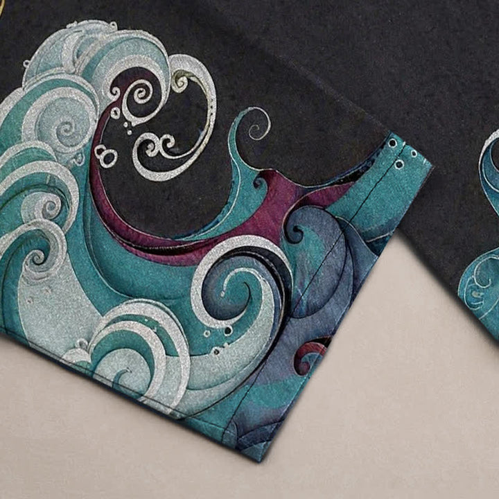 Buddha Stones Herrenhose aus Baumwolle mit Kranich-, Wolken- und Wellenmuster, schmal zulaufend und mit Taschen - image 3
