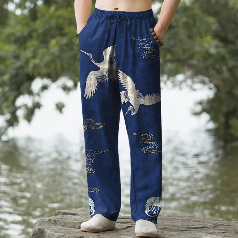 Buddha Stones Herrenhose aus Baumwolle mit Kranich-, Wolken- und Wellenmuster, schmal zulaufend und mit Taschen - Marine - US/ UK/AU50, EU60 (5XL) - image 4