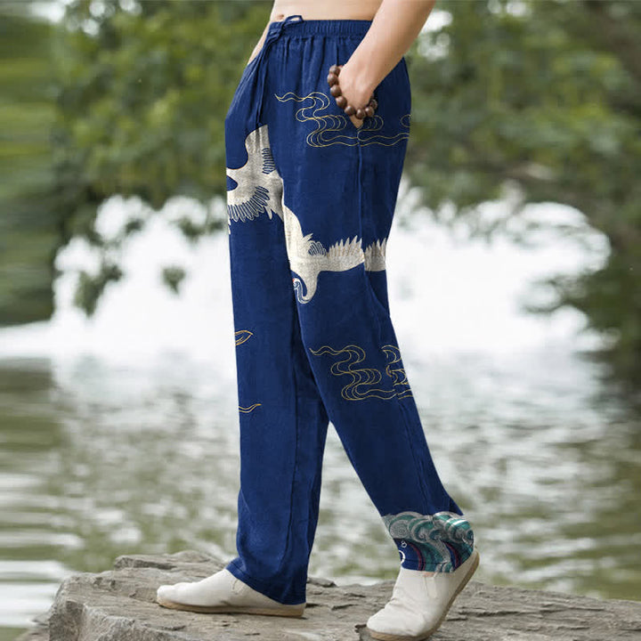 Buddha Stones Herrenhose aus Baumwolle mit Kranich-, Wolken- und Wellenmuster, schmal zulaufend und mit Taschen - image 5