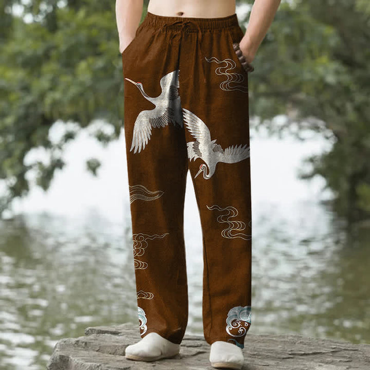 Buddha Stones Herrenhose aus Baumwolle mit Kranich-, Wolken- und Wellenmuster, schmal zulaufend und mit Taschen - Sattelbraun - US/ UK/AU50, EU60 (5XL) - image 6