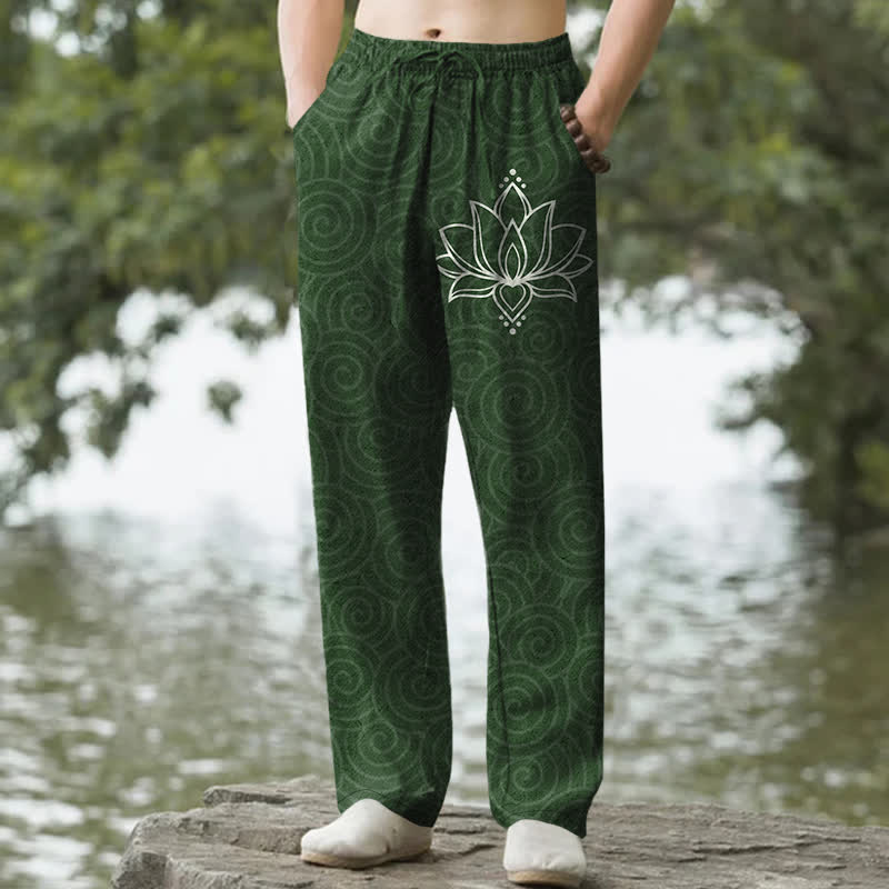 Buddha Stones Weiße Baumwollhose für Herren mit Lotus-Spiralmuster, schmal zulaufendem Schnitt und Taschen - Waldgrün - US/ UK/AU50, EU60 (5XL) - image 4
