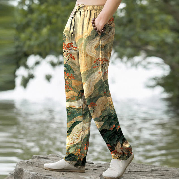Buddha Stones Herrenhose aus Baumwolle mit floralem Berg- und Flussmuster, schmal zulaufend und mit Taschen - image 1