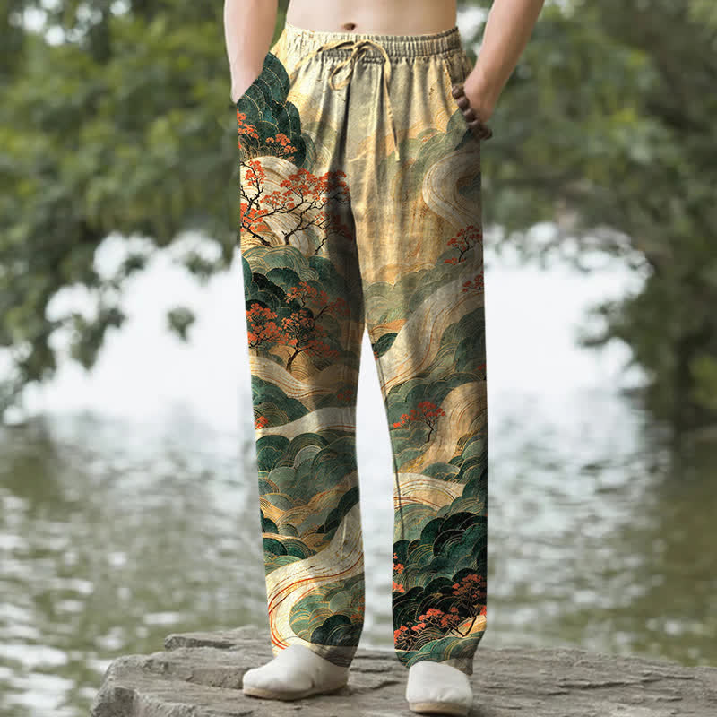 Buddha Stones Herrenhose aus Baumwolle mit floralem Berg- und Flussmuster, schmal zulaufend und mit Taschen - Khaki - US/ UK/AU50, EU60 (5XL) - image 0