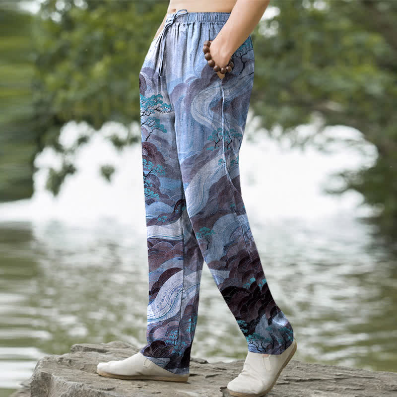 Buddha Stones Herrenhose aus Baumwolle mit floralem Berg- und Flussmuster, schmal zulaufend und mit Taschen - image 5