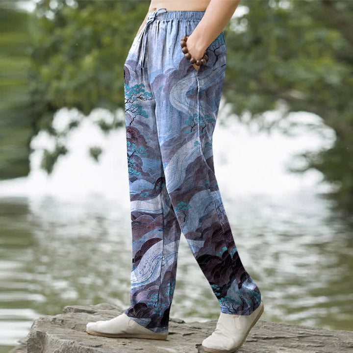 Buddha Stones Herrenhose aus Baumwolle mit floralem Berg- und Flussmuster, schmal zulaufend und mit Taschen - image 5