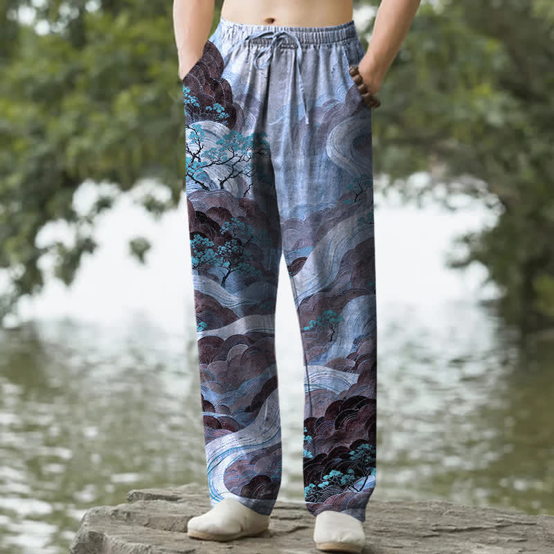 Buddha Stones Herrenhose aus Baumwolle mit floralem Berg- und Flussmuster, schmal zulaufend und mit Taschen - Kornblumenblau - US/ UK/AU50, EU60 (5XL) - image 4