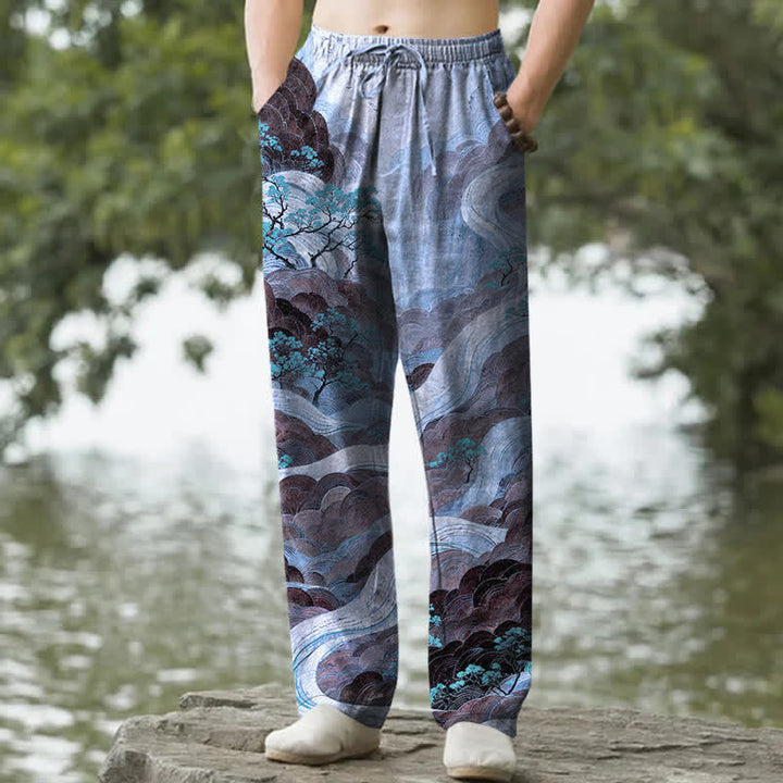 Buddha Stones Herrenhose aus Baumwolle mit floralem Berg- und Flussmuster, schmal zulaufend und mit Taschen - Kornblumenblau - US/ UK/AU50, EU60 (5XL) - image 4