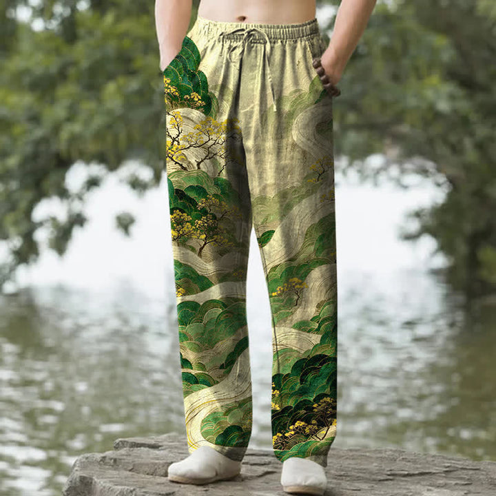 Buddha Stones Herrenhose aus Baumwolle mit floralem Berg- und Flussmuster, schmal zulaufend und mit Taschen - Gelbgrün - US/ UK/AU50, EU60 (5XL) - image 6