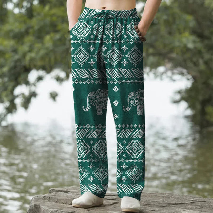 Buddha Stones Herrenhose aus Baumwolle mit Elefantenmuster im Ethno-Stil, schmal zulaufend und mit Taschen - Dunkelcyan - US/ UK/AU50, EU60 (5XL) - image 0