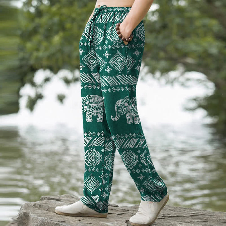 Buddha Stones Herrenhose aus Baumwolle mit Elefantenmuster im Ethno-Stil, schmal zulaufend und mit Taschen - image 1