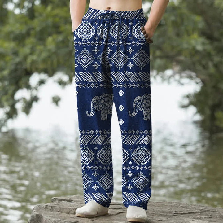 Buddha Stones Herrenhose aus Baumwolle mit Elefantenmuster im Ethno-Stil, schmal zulaufend und mit Taschen - Marine - US/ UK/AU50, EU60 (5XL) - image 4