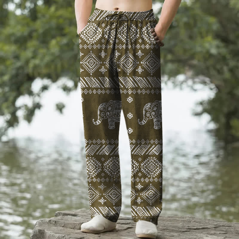 Buddha Stones Herrenhose aus Baumwolle mit Elefantenmuster im Ethno-Stil, schmal zulaufend und mit Taschen - Olive - US/ UK/AU50, EU60 (5XL) - image 6