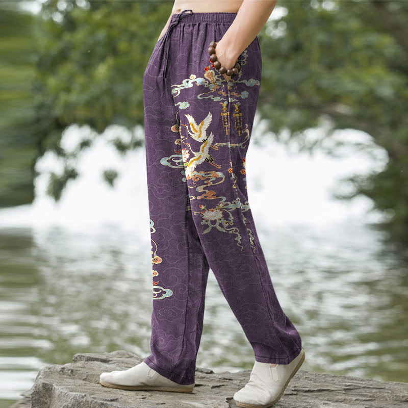 Buddha Stones Baumwoll-Herrenhose mit schmal zulaufendem Bein und Taschen, Muster: Kranich, Glückswolken und Lotuspavillon - image 5