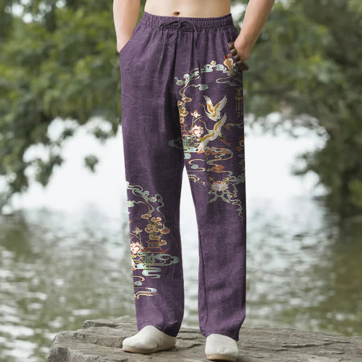 Buddha Stones Baumwoll-Herrenhose mit schmal zulaufendem Bein und Taschen, Muster: Kranich, Glückswolken und Lotuspavillon - Mittelgroße Orchidee - US/ UK/AU50, EU60 (5XL) - image 4