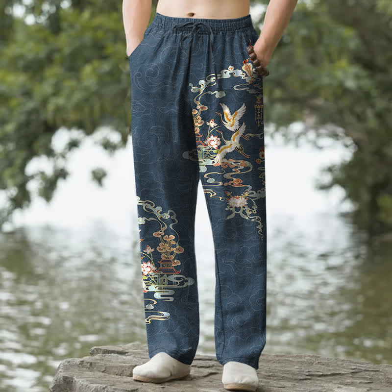 Buddha Stones Baumwoll-Herrenhose mit schmal zulaufendem Bein und Taschen, Muster: Kranich, Glückswolken und Lotuspavillon - SteelBlue - US/ UK/AU50, EU60 (5XL) - image 6