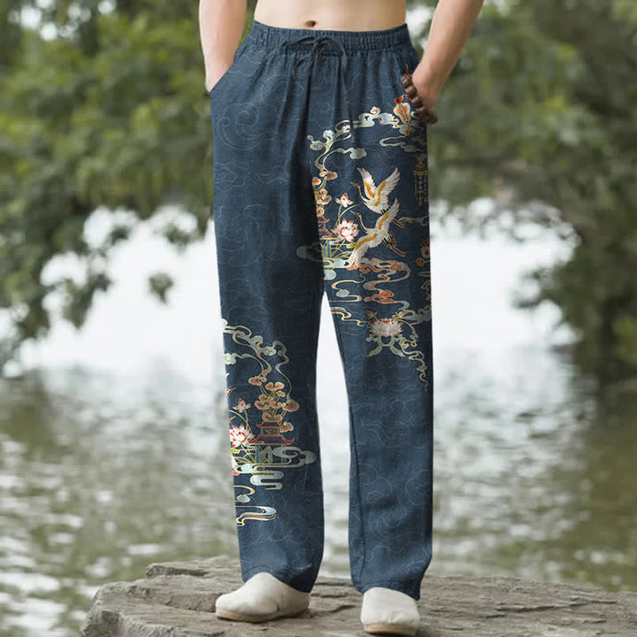 Buddha Stones Baumwoll-Herrenhose mit schmal zulaufendem Bein und Taschen, Muster: Kranich, Glückswolken und Lotuspavillon - SteelBlue - US/ UK/AU50, EU60 (5XL) - image 6