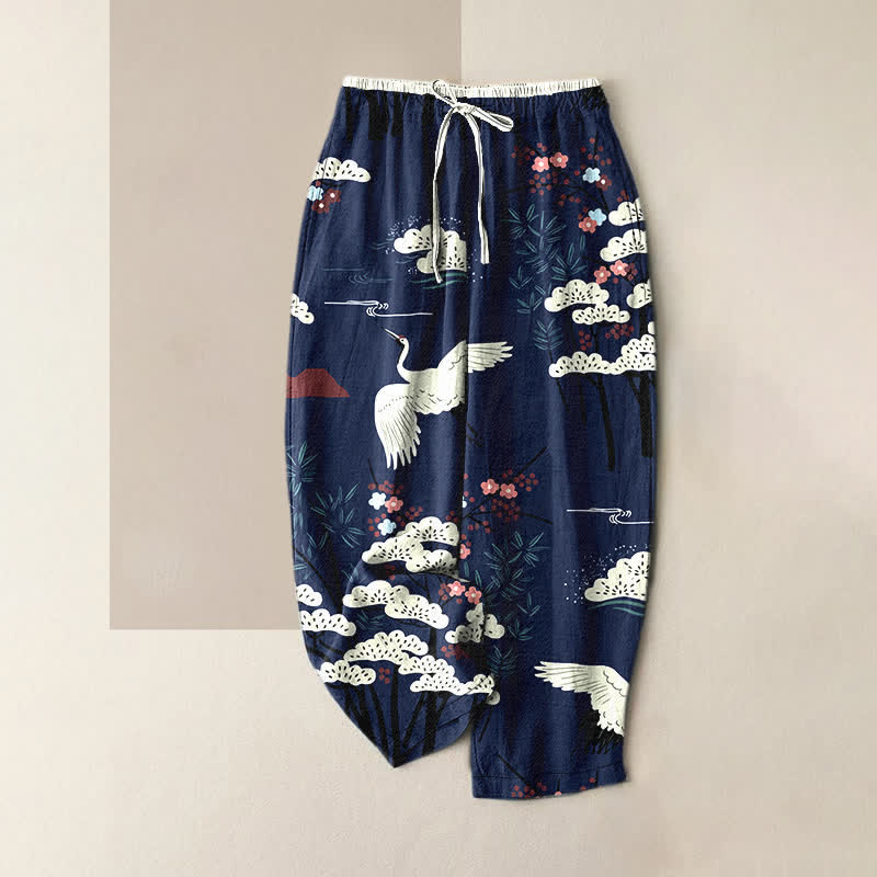 Buddha Stones Reine Baumwolle, elegante Damenhose mit Kranich- und weißem Baummuster, elastischem Bund und Taschen - Marine - US16, UK/AU20, EU48 (3XL) - image 0