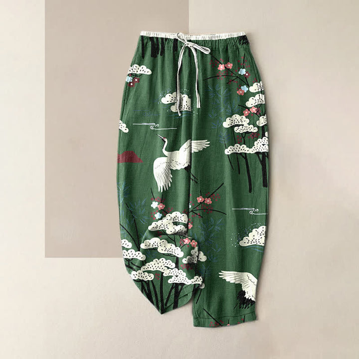 Buddha Stones Reine Baumwolle, elegante Damenhose mit Kranich- und weißem Baummuster, elastischem Bund und Taschen - Waldgrün - US16, UK/AU20, EU48 (3XL) - image 4