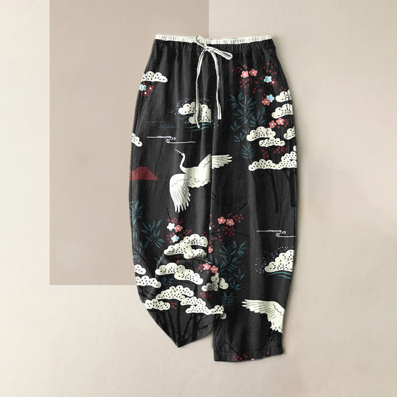 Buddha Stones Reine Baumwolle, elegante Damenhose mit Kranich- und weißem Baummuster, elastischem Bund und Taschen - Schwarz - US16, UK/AU20, EU48 (3XL) - image 5