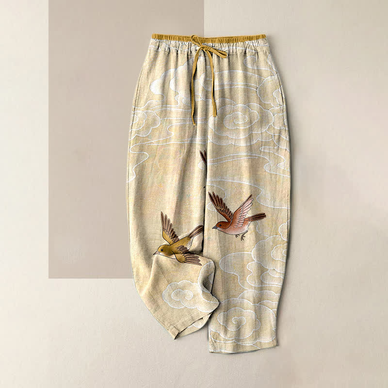 Buddha Stones Damenhose aus reiner Baumwolle mit Wolken- und Vogelmuster, elastischem Bund und Taschen - Zitronen-Chiffon - US16, UK/AU20, EU48 (3XL) - image 0