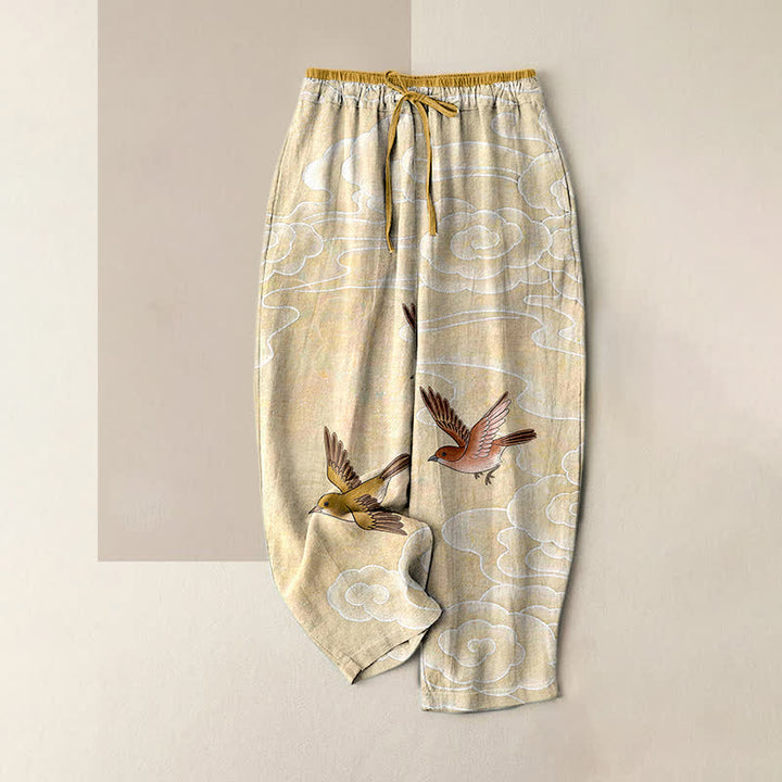 Buddha Stones Damenhose aus reiner Baumwolle mit Wolken- und Vogelmuster, elastischem Bund und Taschen - Zitronen-Chiffon - US16, UK/AU20, EU48 (3XL) - image 0