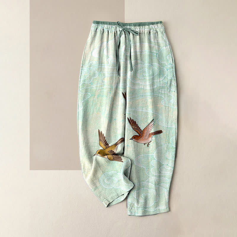 Buddha Stones Damenhose aus reiner Baumwolle mit Wolken- und Vogelmuster, elastischem Bund und Taschen - Helltürkis - US16, UK/AU20, EU48 (3XL) - image 3