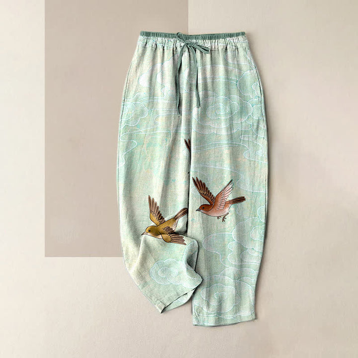 Buddha Stones Damenhose aus reiner Baumwolle mit Wolken- und Vogelmuster, elastischem Bund und Taschen - Helltürkis - US16, UK/AU20, EU48 (3XL) - image 3