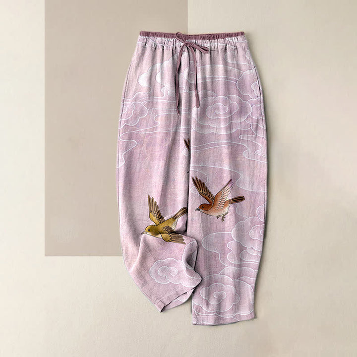 Buddha Stones Damenhose aus reiner Baumwolle mit Wolken- und Vogelmuster, elastischem Bund und Taschen - Pflaume - US16, UK/AU20, EU48 (3XL) - image 4