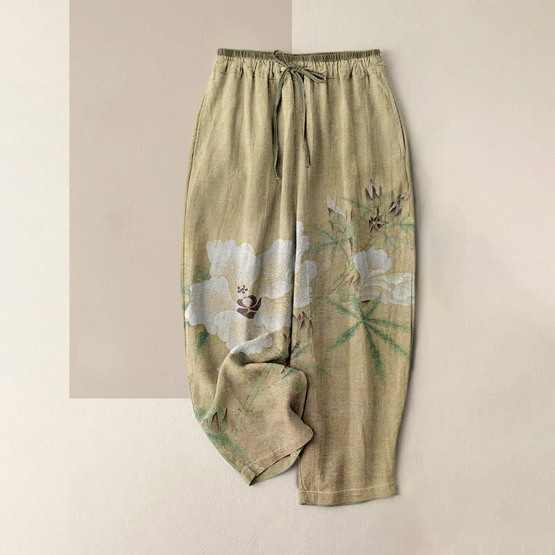 Buddha Stones Weiße Damenhose aus reiner Baumwolle mit Blumen- und Blättermuster, elastischem Bund und Taschen - Dunkelkhaki - US16, UK/AU20, EU48 (3XL) - image 0