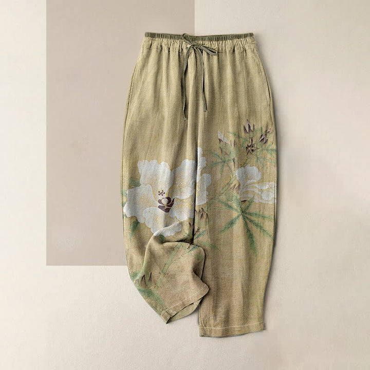 Buddha Stones Weiße Damenhose aus reiner Baumwolle mit Blumen- und Blättermuster, elastischem Bund und Taschen - Dunkelkhaki - US16, UK/AU20, EU48 (3XL) - image 0