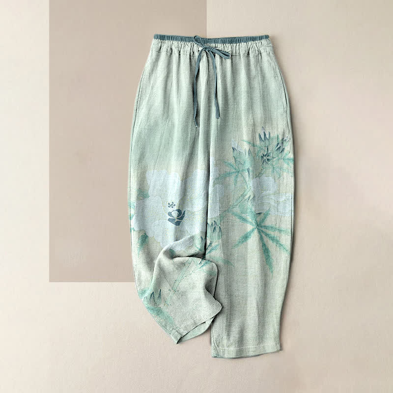 Buddha Stones Weiße Damenhose aus reiner Baumwolle mit Blumen- und Blättermuster, elastischem Bund und Taschen - Hellcyan - US16, UK/AU20, EU48 (3XL) - image 3